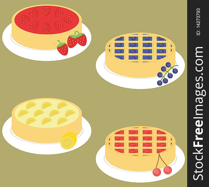 Four different fruit and berry pies. Four different fruit and berry pies