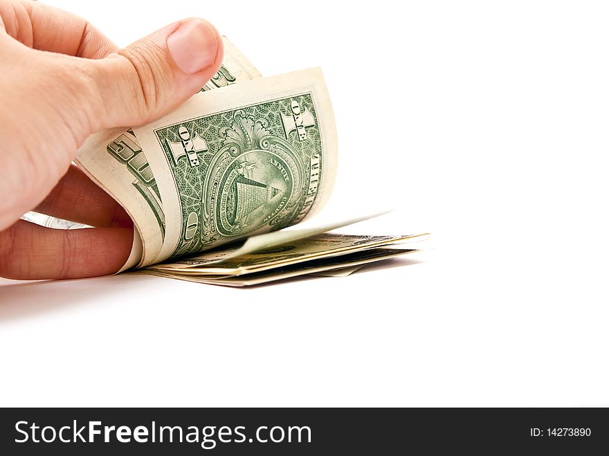 Man counting dollars. Isolated on white