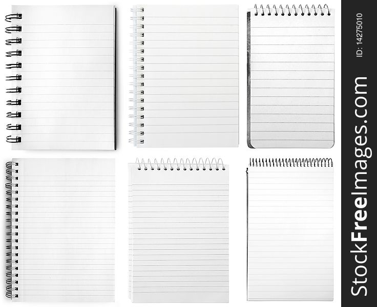 Collection  of six white notebooks isolated on white background. Collection  of six white notebooks isolated on white background