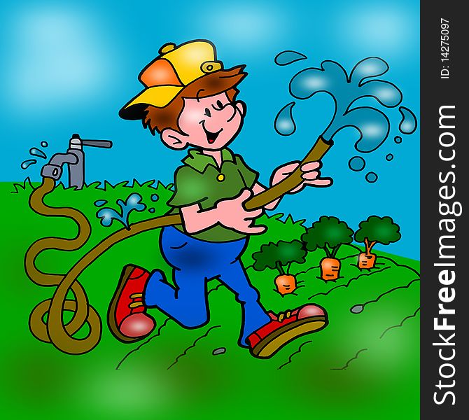 Llustration represents a boy watering carrots, having a small problem with the hose.