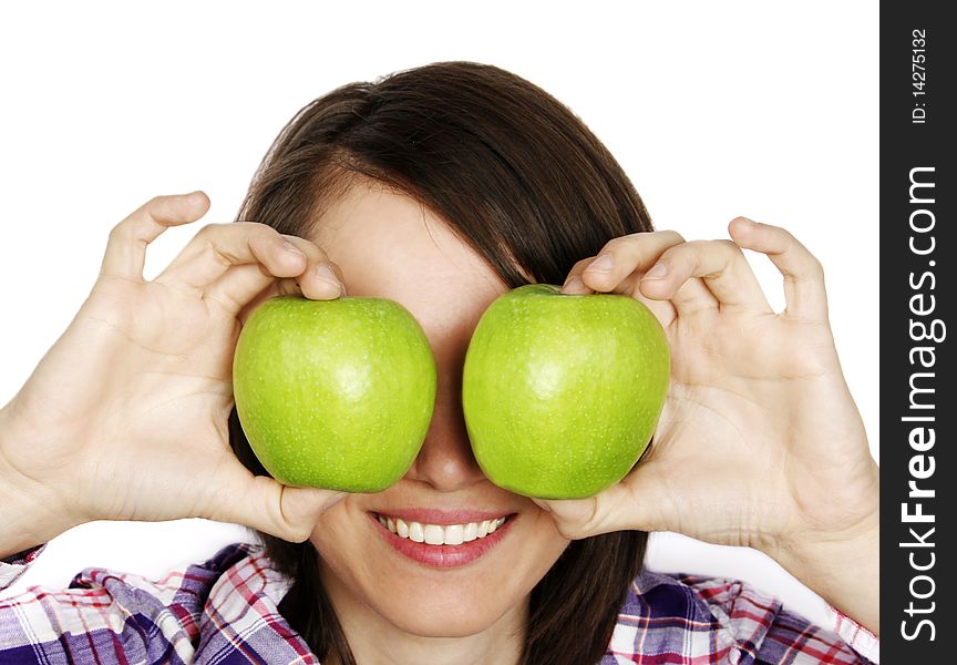 Portrait of a cheerful girl with two apples. Portrait of a cheerful girl with two apples
