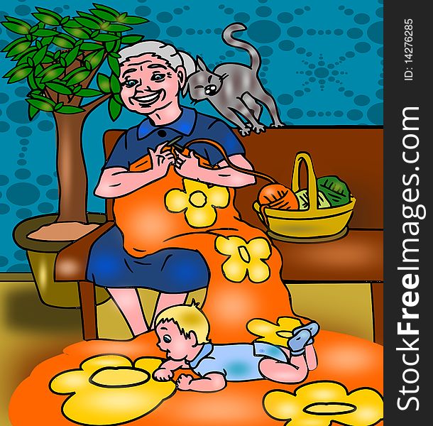 Image shows a grandmother knitting petted his soft kitten with his grandson. Image shows a grandmother knitting petted his soft kitten with his grandson.