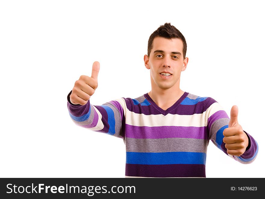 Young casual men tumbs up on white background. Young casual men tumbs up on white background
