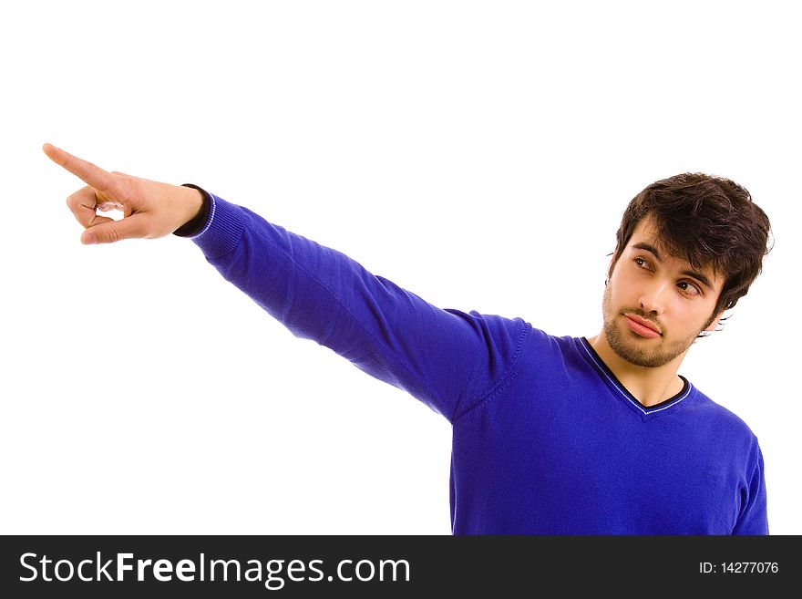 Young atractive man pointing with is finger, isolated on white