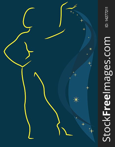 Luminous female silhouette with stars on a black background