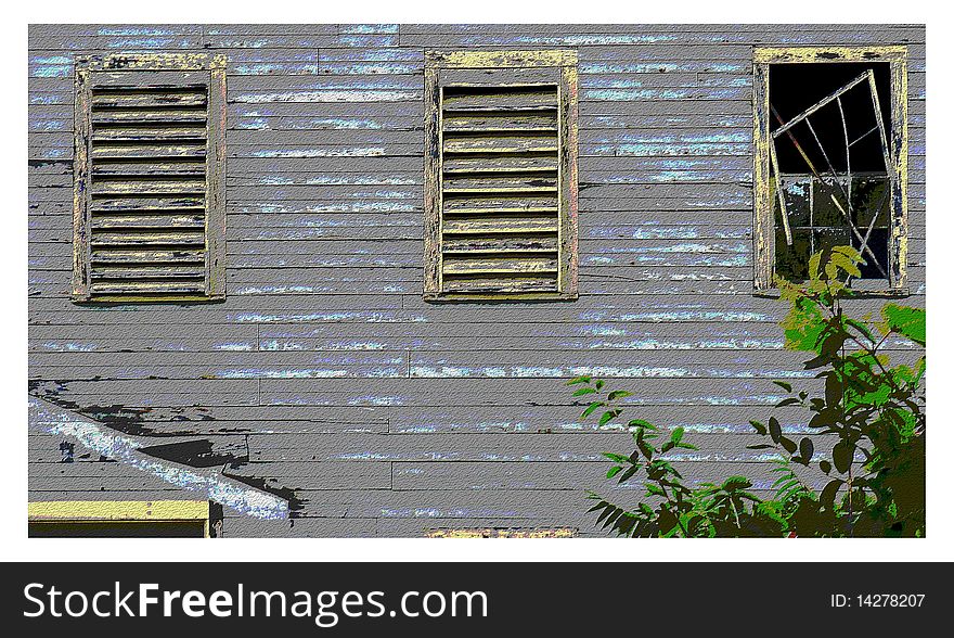 Trio of windows on a weathered wall with one being broken. Trio of windows on a weathered wall with one being broken