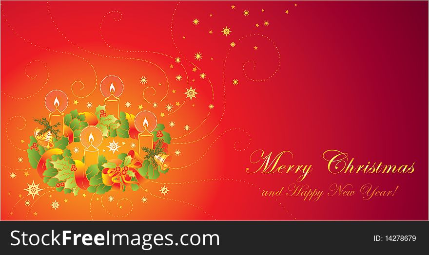 Christmas greeting card with festive wreath and candles. Christmas greeting card with festive wreath and candles
