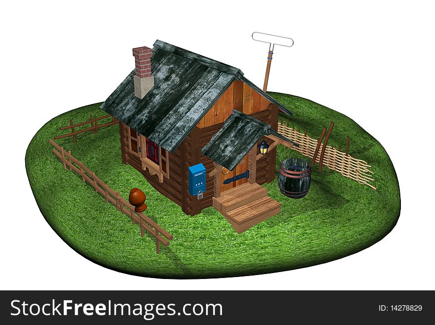 There is a picture of log cabin in-field