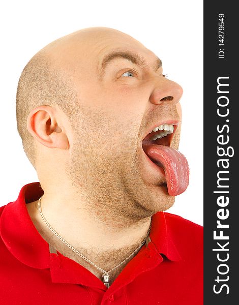 The man puts out the tongue on a white background. The man puts out the tongue on a white background