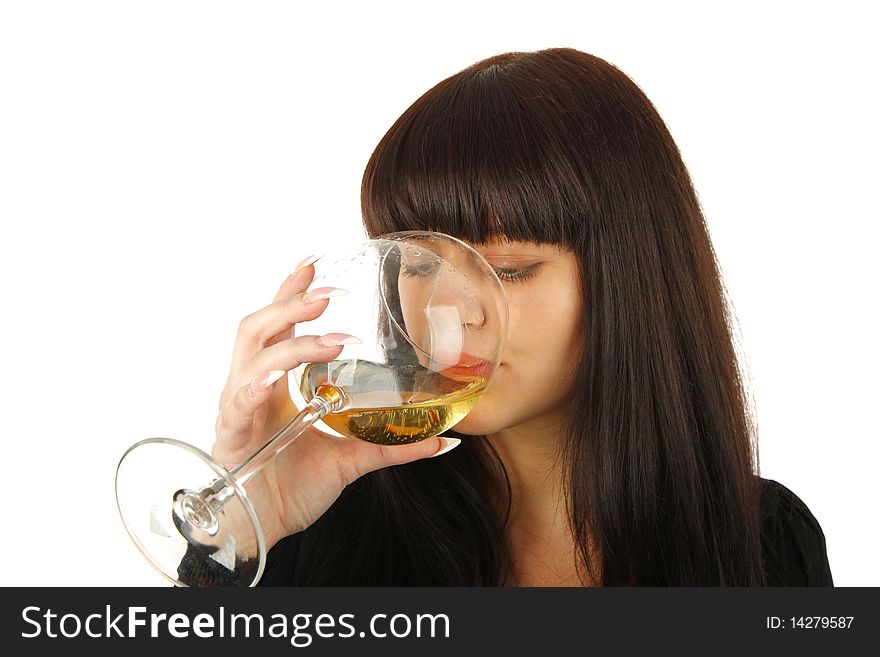 The girl drinks wine on white a background