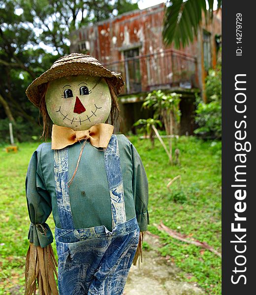 Smiling handmade cloth scarecrow doll standing in green field. Smiling handmade cloth scarecrow doll standing in green field