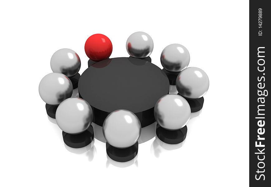 Business meeting. Grey and red spheres at the table isolated on white background. High quality 3d render.