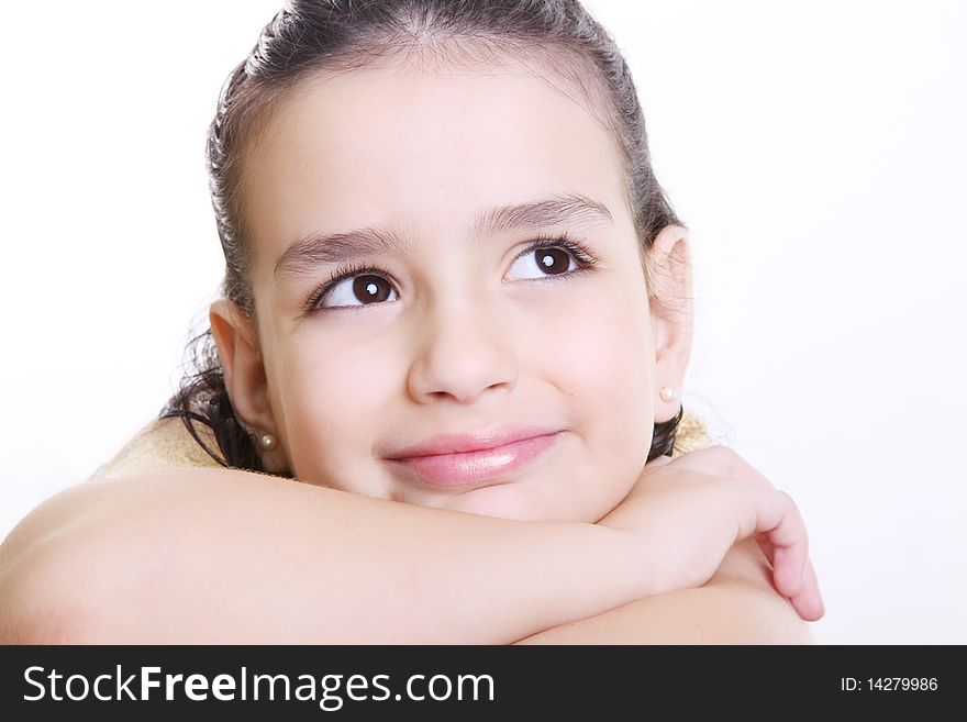 Girl thinking and smiling, looking askance over white background. Girl thinking and smiling, looking askance over white background.