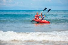 Free Father And Son Kayaking In Ocean. Active Vacation With Young Kid. Holiday Activity With Schoolboy Child Royalty Free Stock Image - 142729146