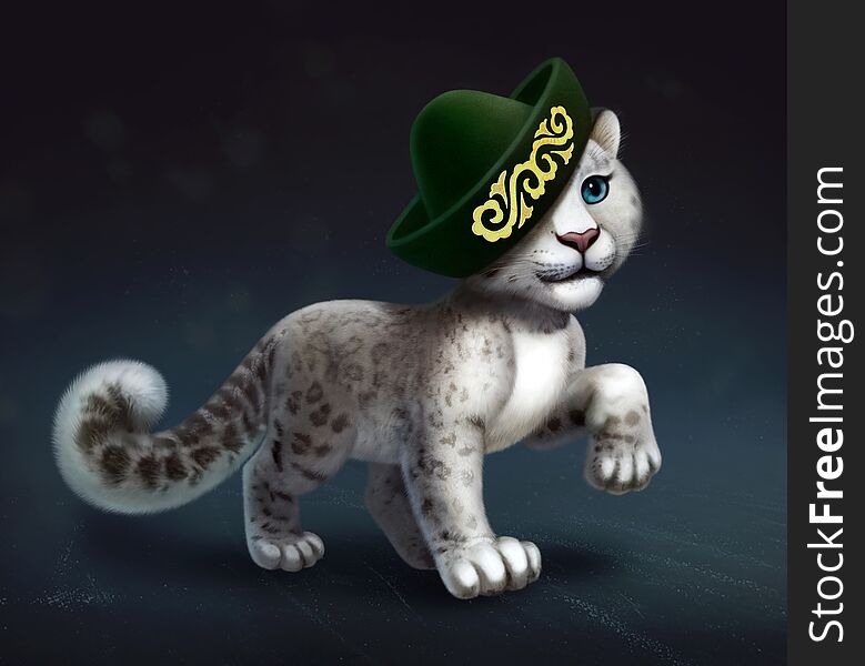 Digital illustration of snow leopard with kazakh national hat with oriental golden ornament, symbol of Kazakhstan