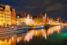 Night View Of Gdansk Harbor And Motlawa River, Located In The Old Town Of Gdansk City, Poland Royalty Free Stock Photography