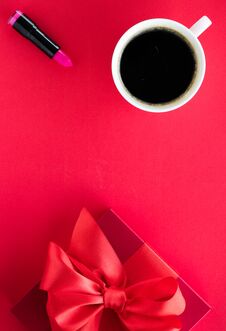Luxury Beauty Gift Box And Coffee On Red, Flatlay Royalty Free Stock Image