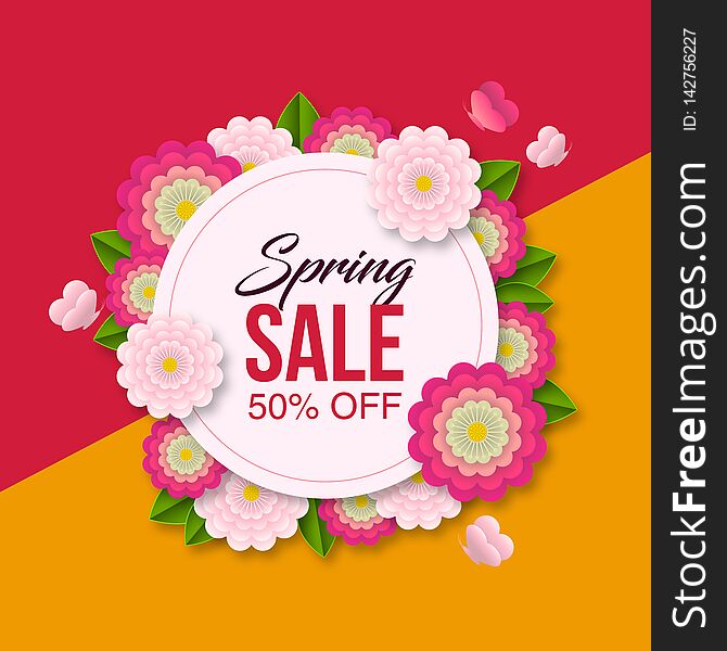 Spring sale Special Offer background with colorful flower and leaf for spring offer 50% off