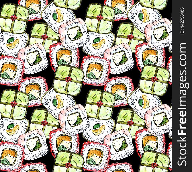 Large seamless sushi pattern on black background watercolor