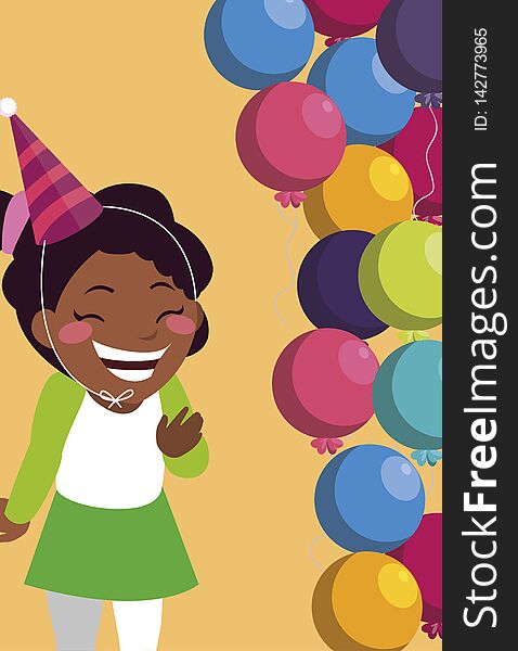 Cute black girl with birthday balloons helium vector illustration design