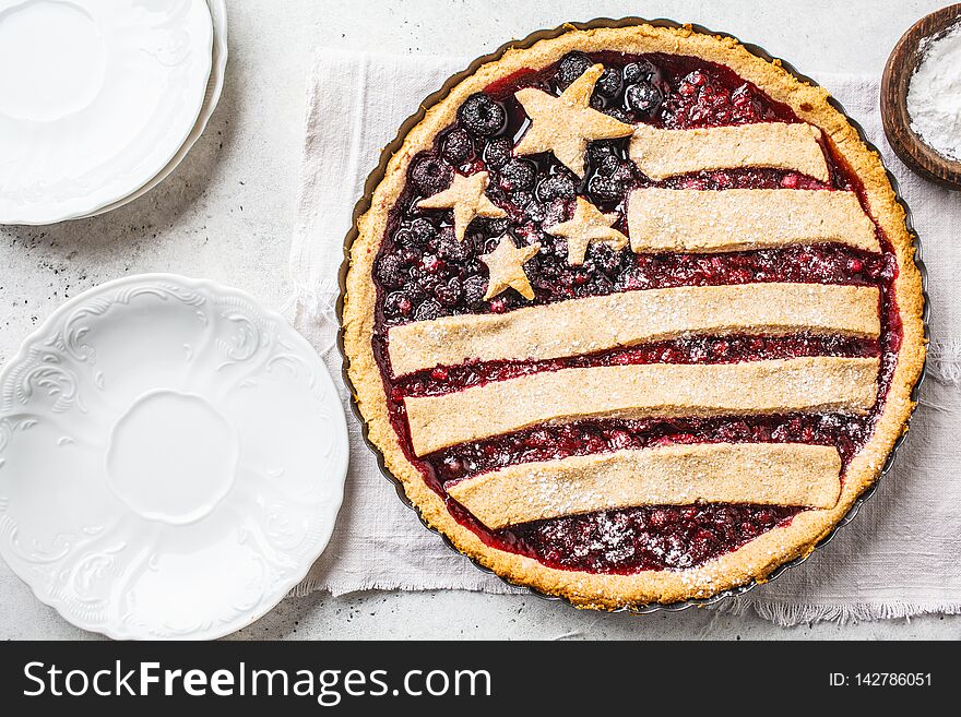 American flag berry pie, top view. Independence Day of America concept