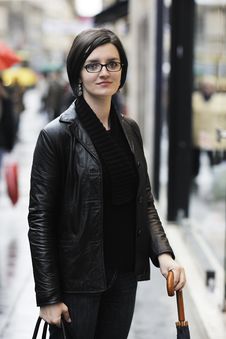 Woman On Street With Umbrella Stock Photos Woman On Street With Umbrella Stock Photos