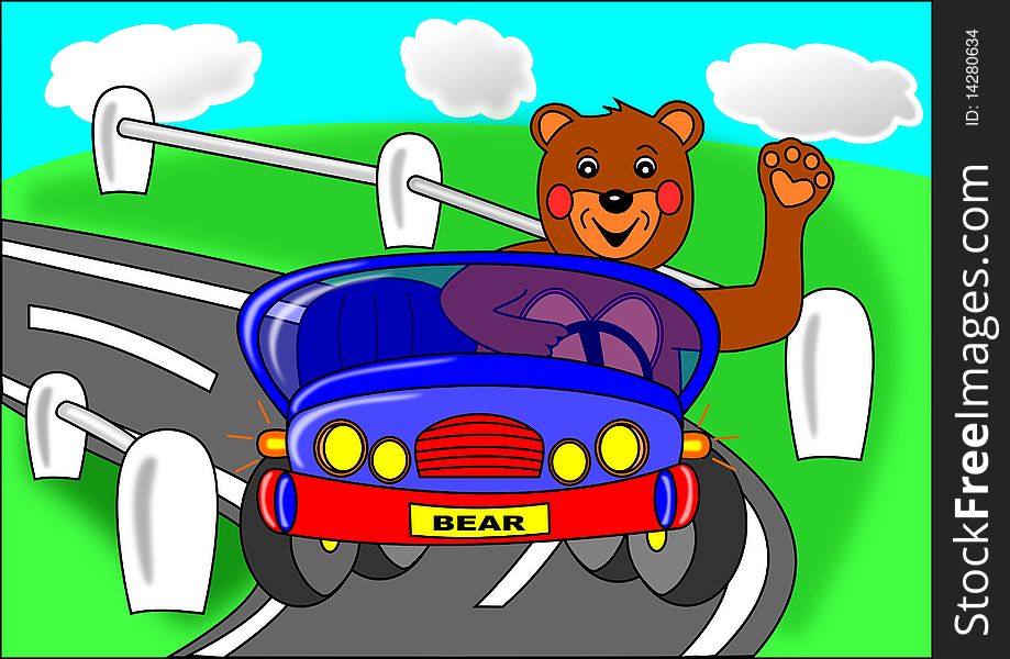 Bear car nature blue animal children. Bear car nature blue animal children