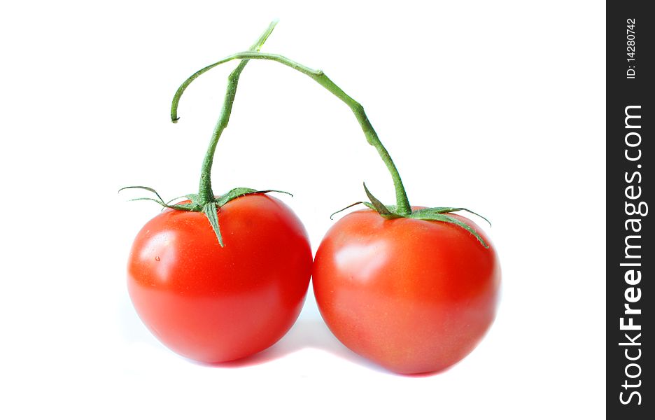 Two tomatoes isolated on a white background. Photo taken on May 10th, 2010.