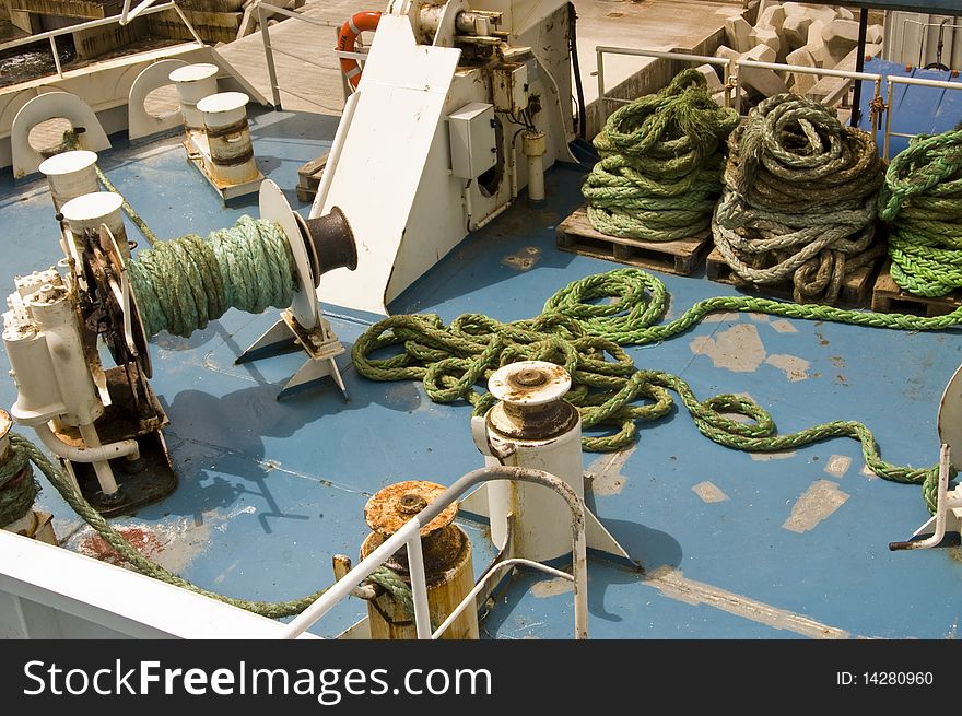 Sailor bollards & ropes on the deck of a ferry