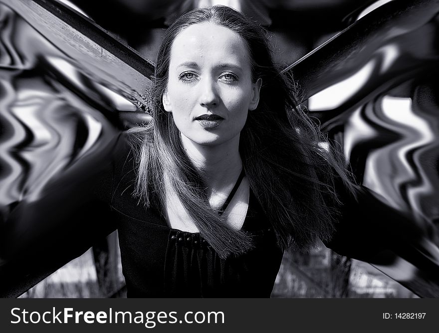 Black-and-white photos of the woman with wings. Black-and-white photos of the woman with wings