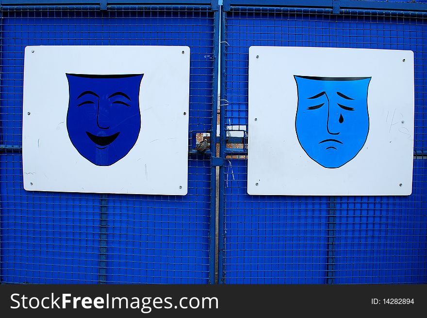 Tragic and comic mask with blue background. Tragic and comic mask with blue background