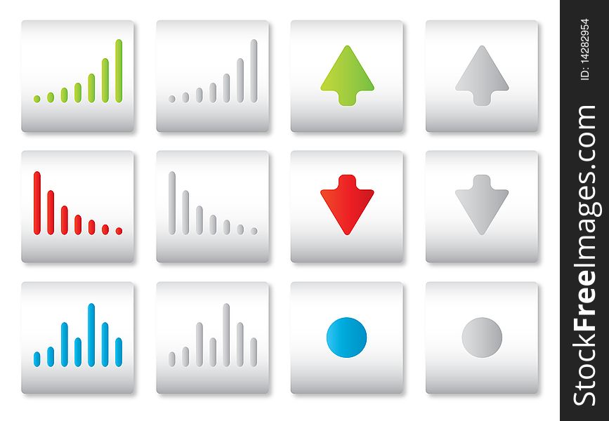 Web buttons for charts - colored and acromatic. Ascending, descending and neutral features for financial use. Web buttons for charts - colored and acromatic. Ascending, descending and neutral features for financial use