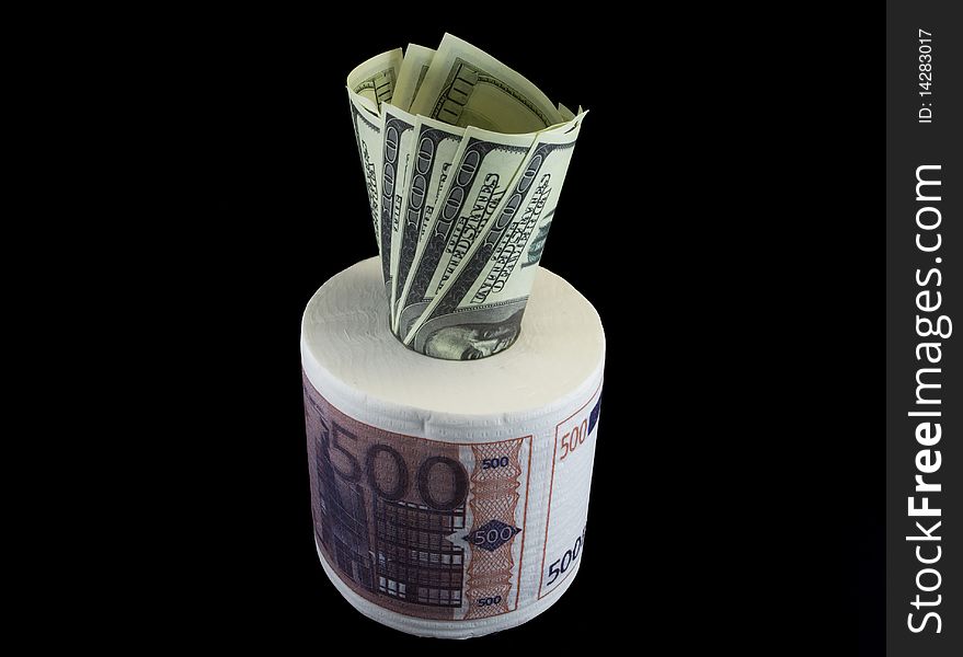 Toilet paper EUR with USD on the black background