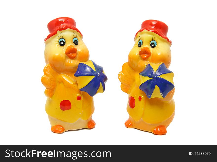 Yellow ducks on the white background isolated