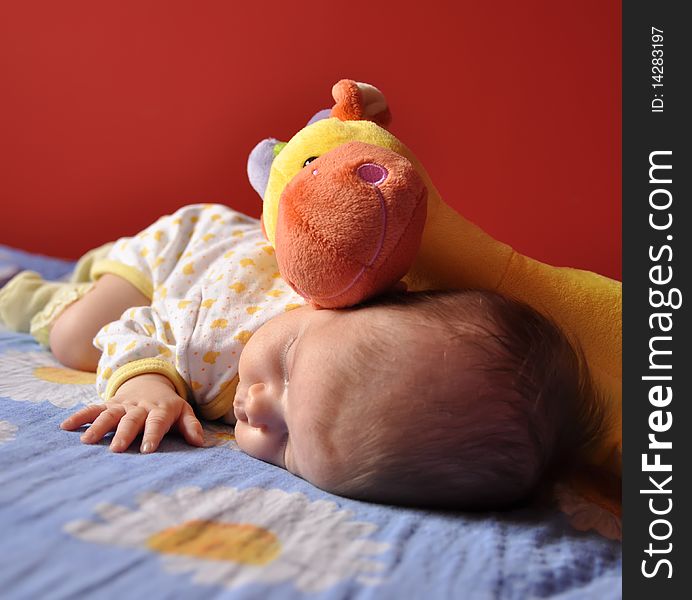 A two months old baby girl sleeping with a fluffy girafe. A two months old baby girl sleeping with a fluffy girafe