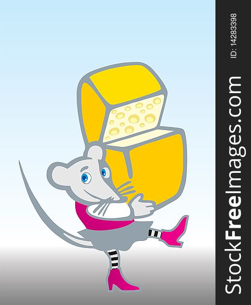 Funny mouse, carrying a piece of cheese, conventionalized image, illustration