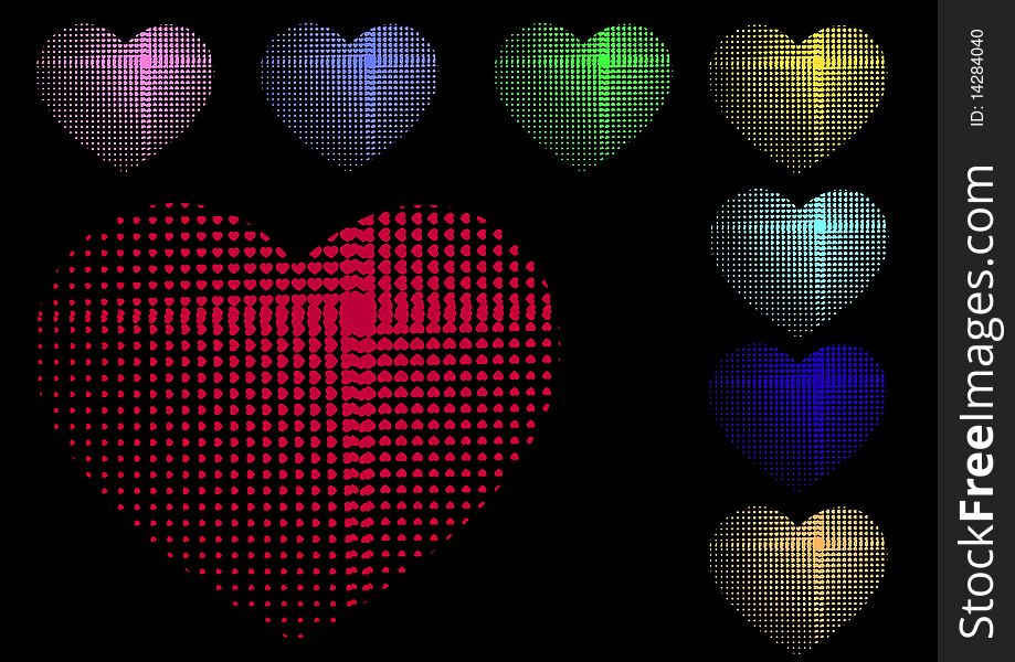 Multi-coloured hearts on black background. Multi-coloured hearts on black background