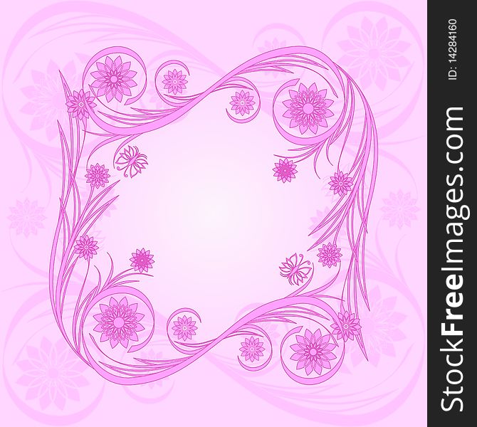 Vector illustration of a floral frame with butterflies on a pink background. Vector illustration of a floral frame with butterflies on a pink background