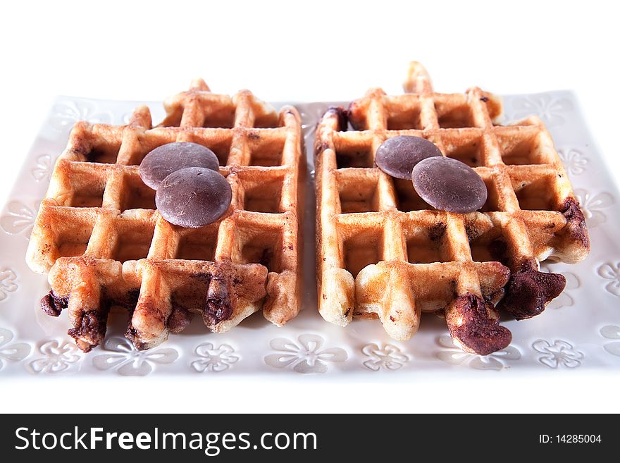 Waffles from integral wholegrain with chocolate on plate