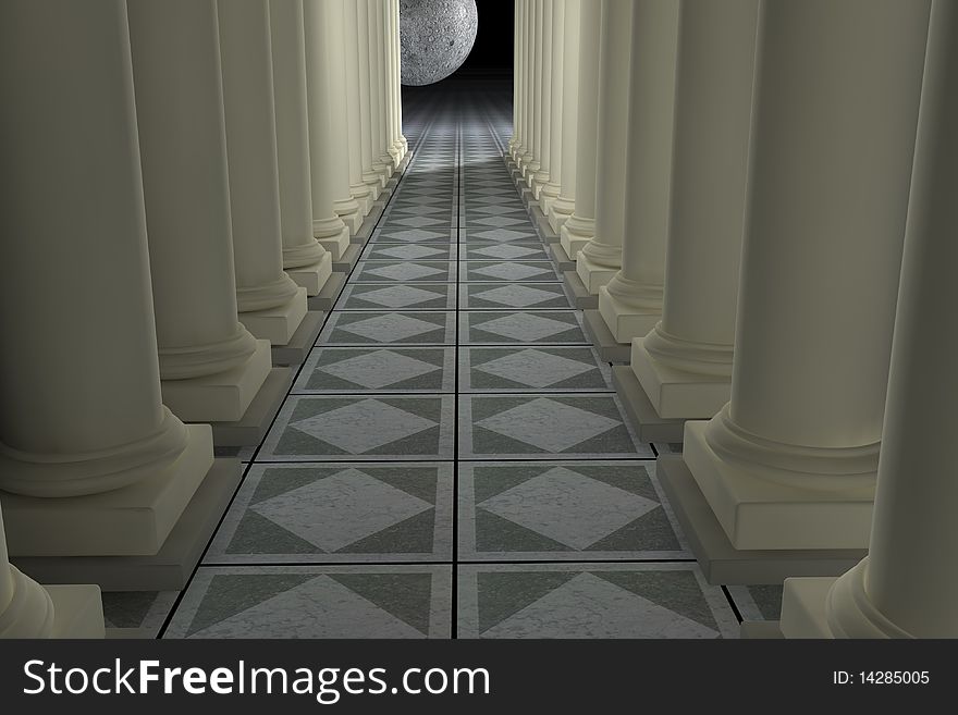 Classic columns in 3d and moon at the background