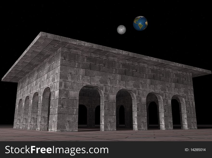 Three dimensional mystic building with eart and moon