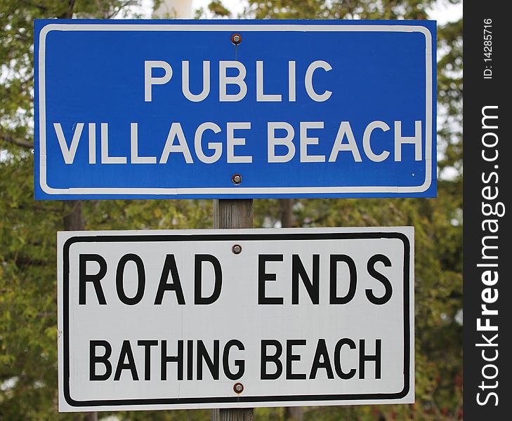 A sign for a Public bathing beach on Lake Michigan's Bay of Green Bay. A sign for a Public bathing beach on Lake Michigan's Bay of Green Bay