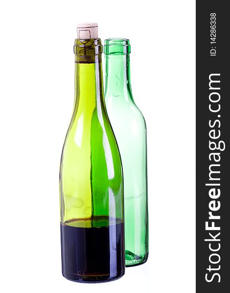 Green wine bottles on white background