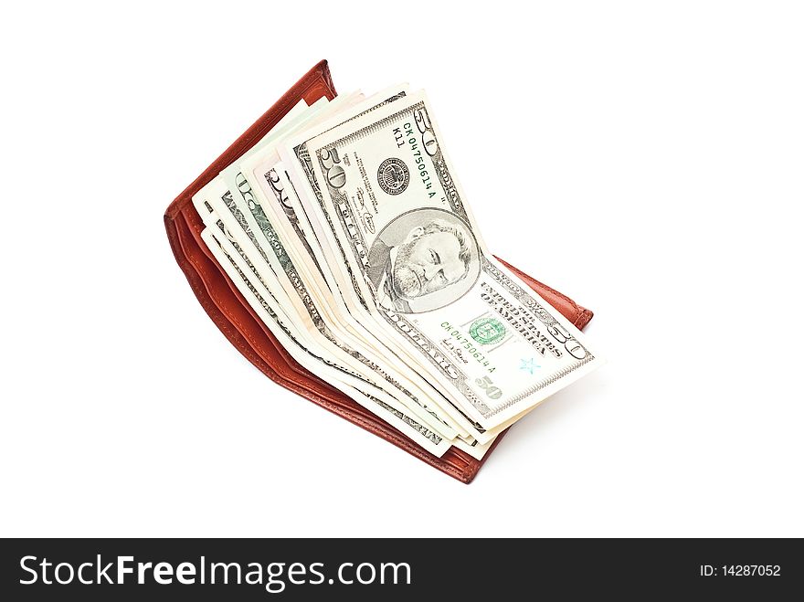 Dollar notes and brown wallet isolated on white background. Dollar notes and brown wallet isolated on white background