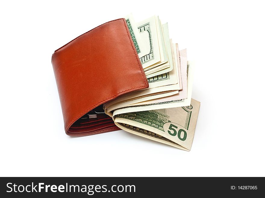 Dollar notes and brown wallet isolated on white. Dollar notes and brown wallet isolated on white