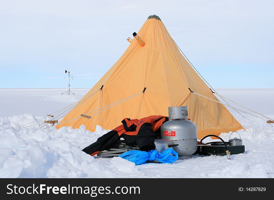 Yellow tent and camping equipment. Yellow tent and camping equipment