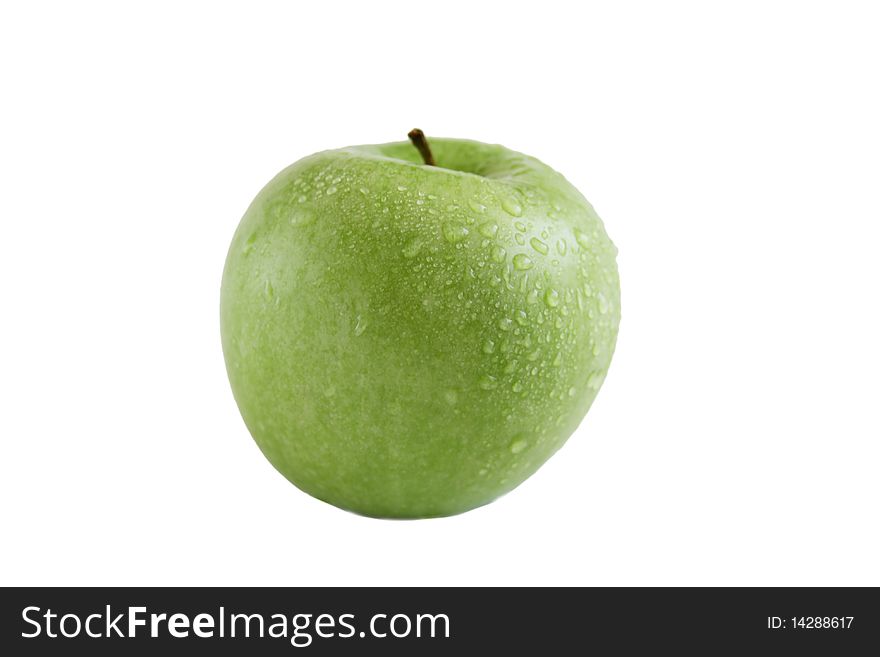 Wet green apple isolated on the white background