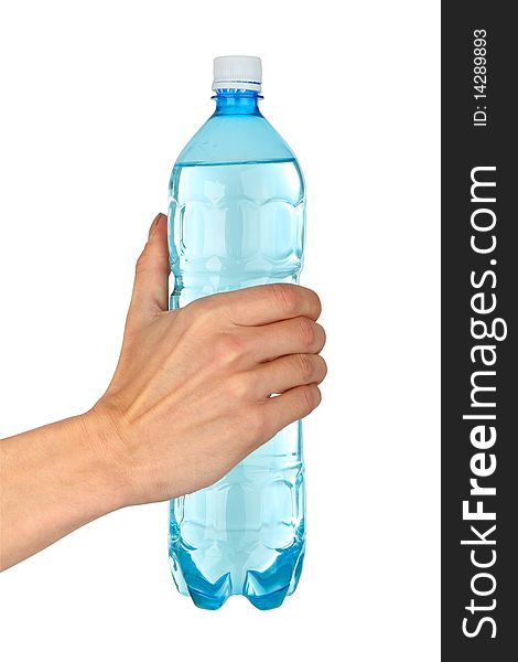 Man's hand with  plastic  bottle water, closeup isolated background