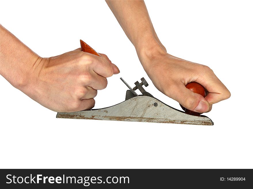 Man's hand with old plane, closeup isolated background