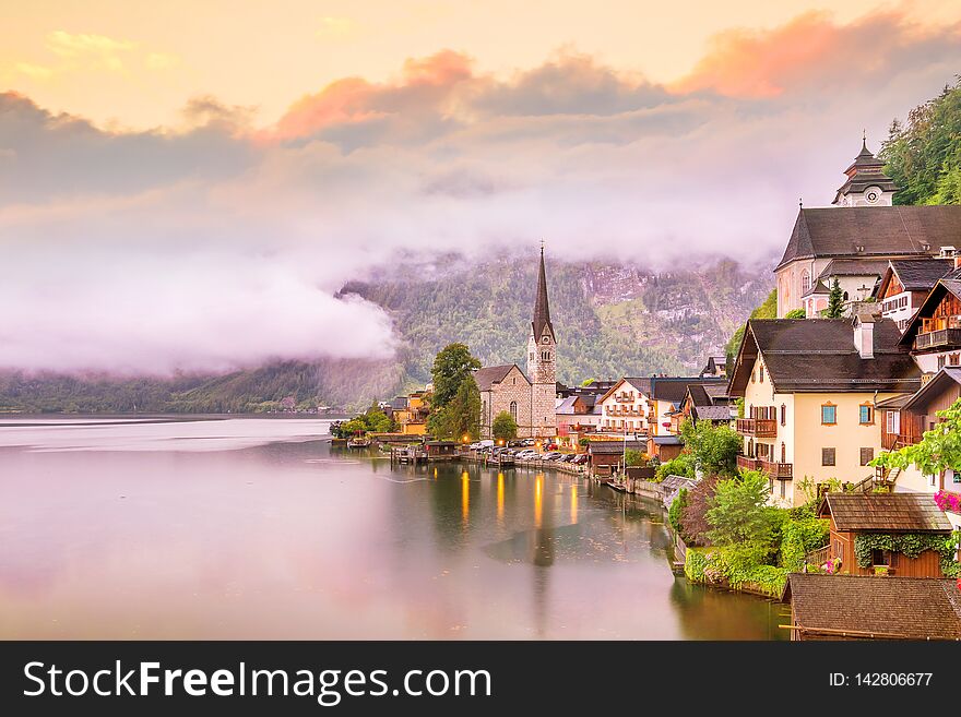 Scenic view of famous Hallstatt village in Austria
